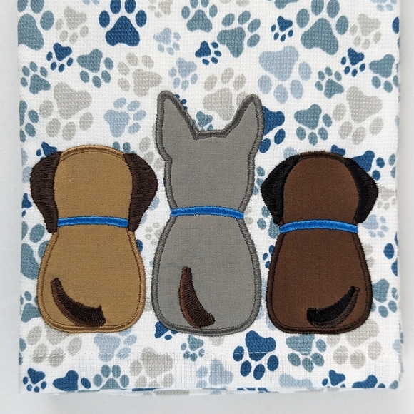Kitchen Towel Set Of Two (2) Dog Applique Heads Tails Paw Prints White Blue NWT - Picture 4 of 10